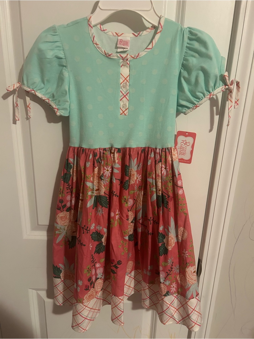 Girls' Mint Bodice Coral Floral Skirt Dress with Plaid Trim